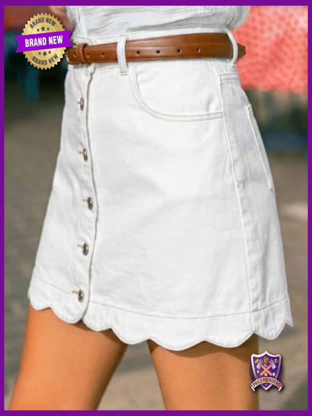 High Waist A-Line Denim Mini Skirt Button Front Scalloped Hem - Picture 3 of 7